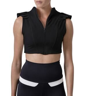 Port de Bras Mila Ruffle Front Zip Active Crop Top Black Women's Size XS NWT